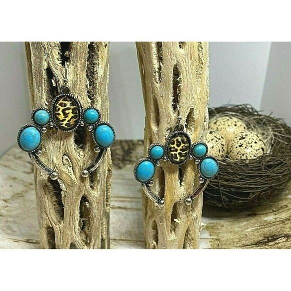 Hippie Jewelry - Tribal Horseshoe Leopard Cabochon Turquoise Charms Wire Earrings Southwestern
